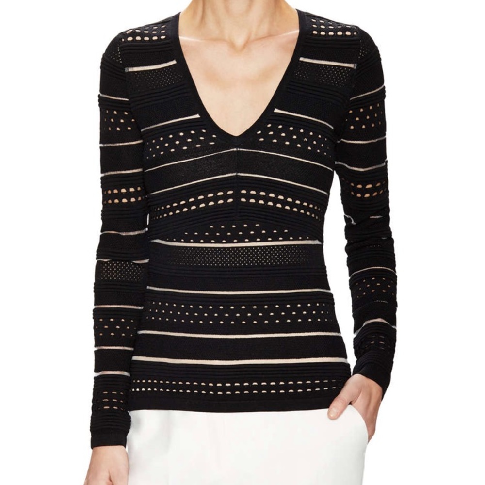 Bailey 44 Perforated Stripe V-Neck Top, S